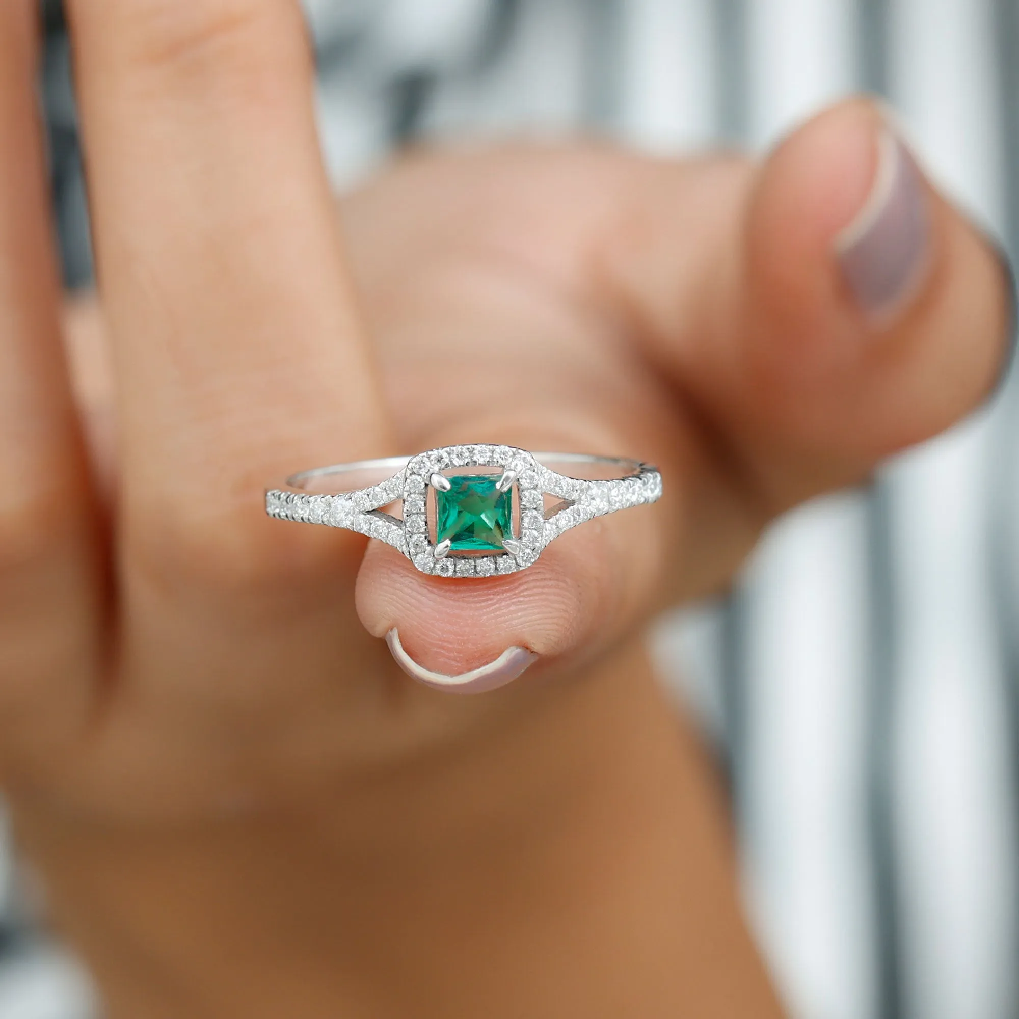 Princess Cut Lab Grown Emerald Designer Ring with Diamond Split Shank