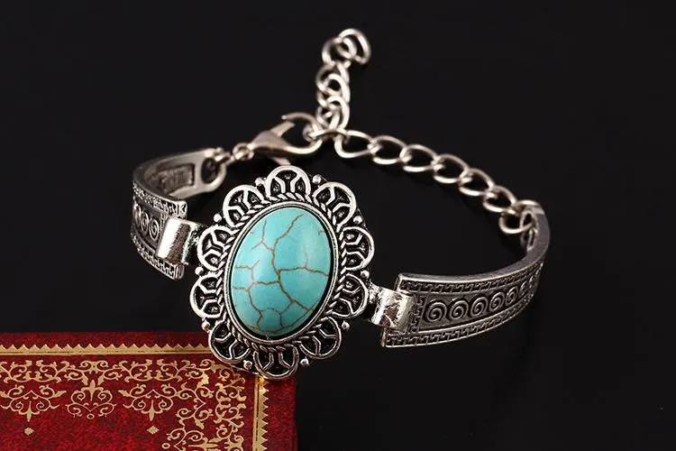 Pulsera Vintage Oval Turquoise Stone Bracelet Silver Plated Flower Alloy Metal Carved Charm Link Chain Bracelets Accessory