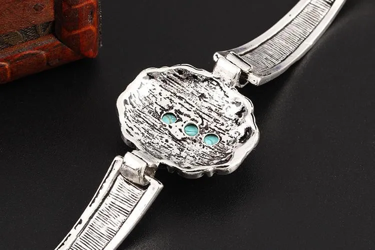 Pulsera Vintage Oval Turquoise Stone Bracelet Silver Plated Flower Alloy Metal Carved Charm Link Chain Bracelets Accessory