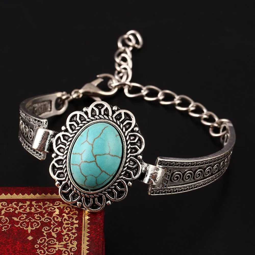 Pulsera Vintage Oval Turquoise Stone Bracelet Silver Plated Flower Alloy Metal Carved Charm Link Chain Bracelets Accessory