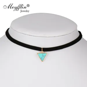 Punk Black Necklace Women Velvet Choker Necklaces & Pendants Statement With Triangle Faux Stone Collier Femme Jewelry Collares