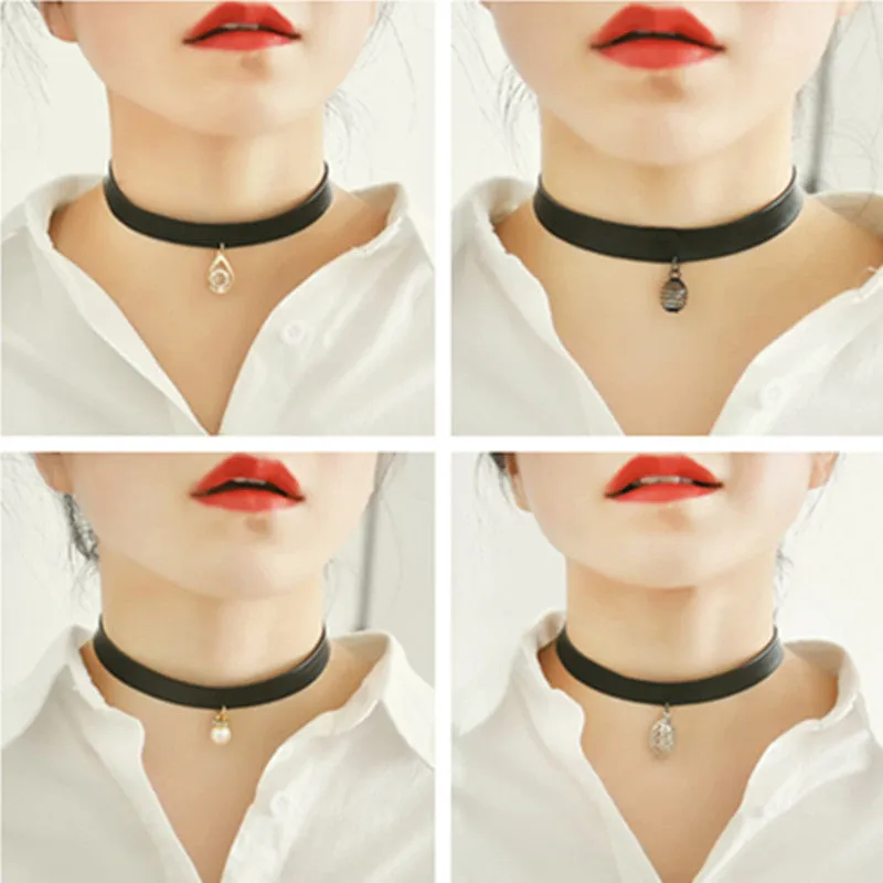 Punk Leather Choker Necklace Rock Bell Pendant Necklace Collar Necklace Jewelry Short Necklaces Collier Femme