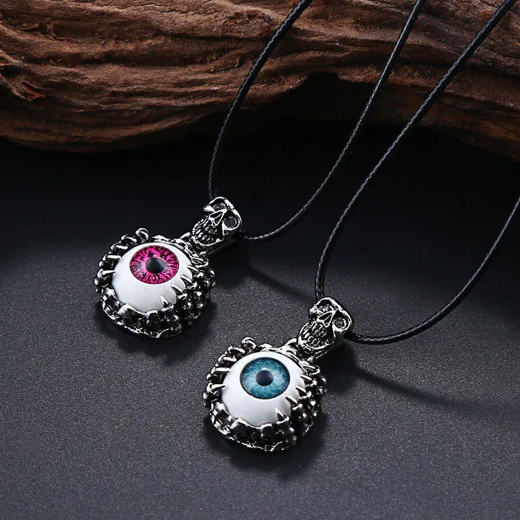 Punk Men's Skeleton Skull Eyes silver tone Titanium Stainless Steel leather chain Pendant Necklace