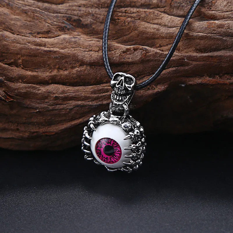 Punk Men's Skeleton Skull Eyes silver tone Titanium Stainless Steel leather chain Pendant Necklace