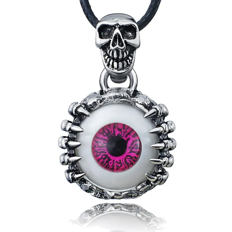 Punk Men's Skeleton Skull Eyes silver tone Titanium Stainless Steel leather chain Pendant Necklace