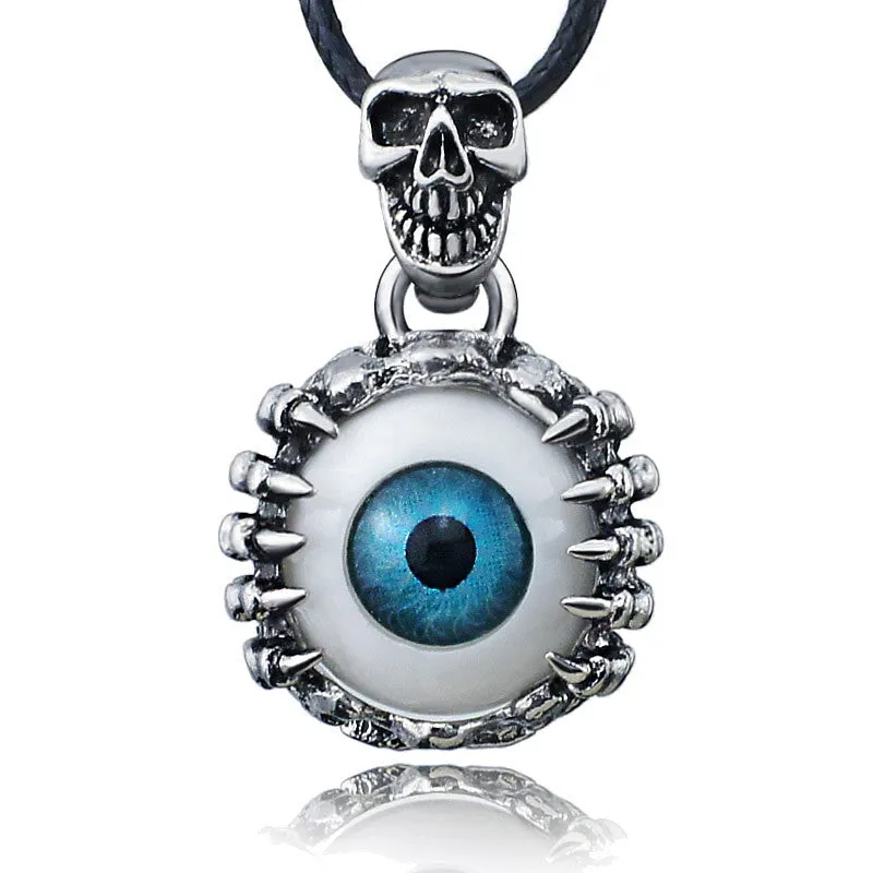 Punk Men's Skeleton Skull Eyes silver tone Titanium Stainless Steel leather chain Pendant Necklace