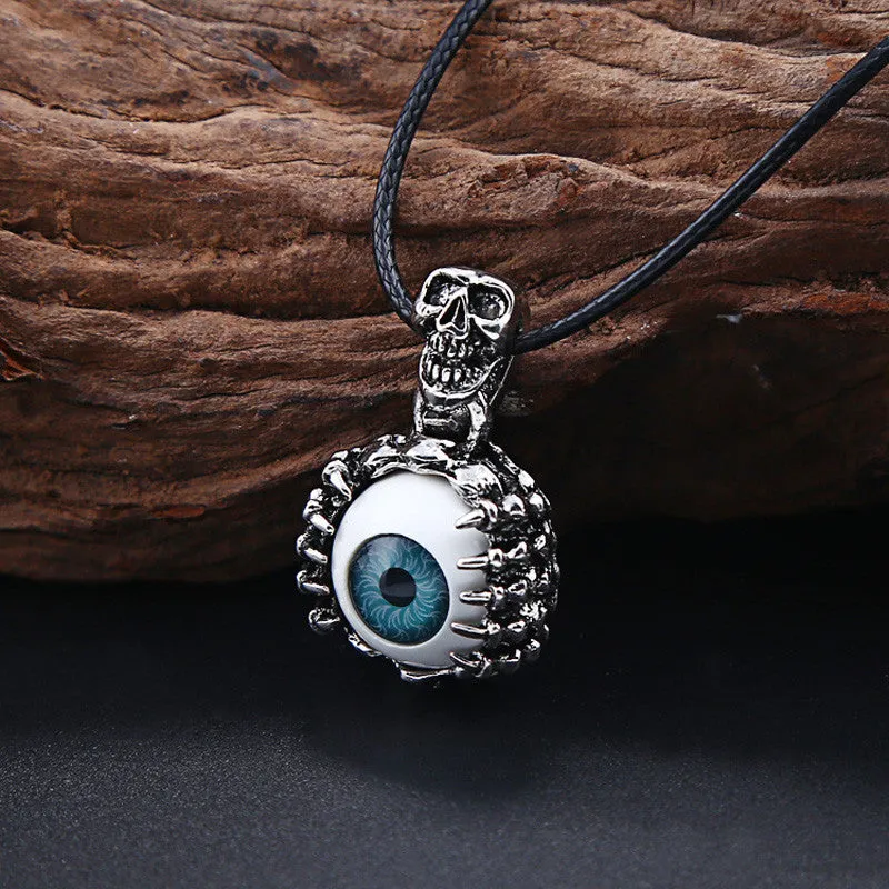 Punk Men's Skeleton Skull Eyes silver tone Titanium Stainless Steel leather chain Pendant Necklace