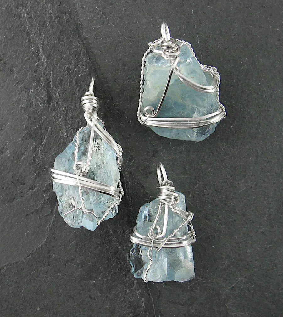 Raw Aquamarine Crystal Pendant Necklace, Silver Wire-Wrapped, Handmade