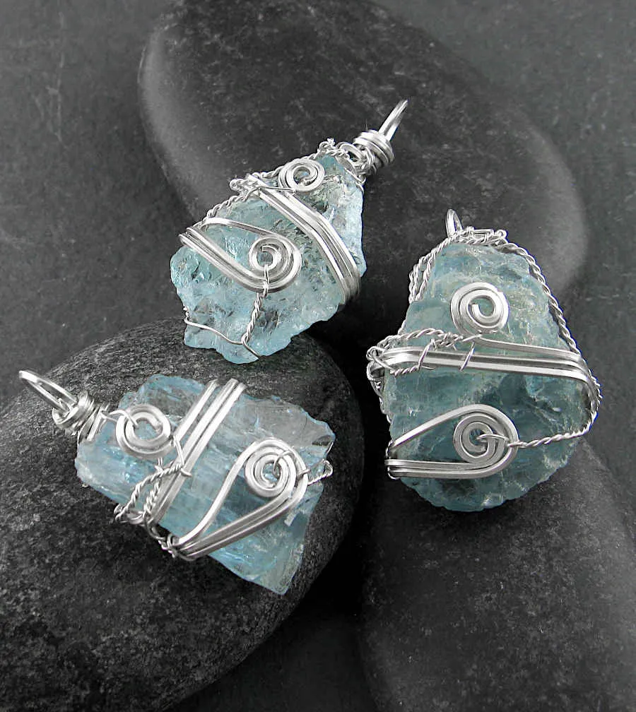 Raw Aquamarine Crystal Pendant Necklace, Silver Wire-Wrapped, Handmade