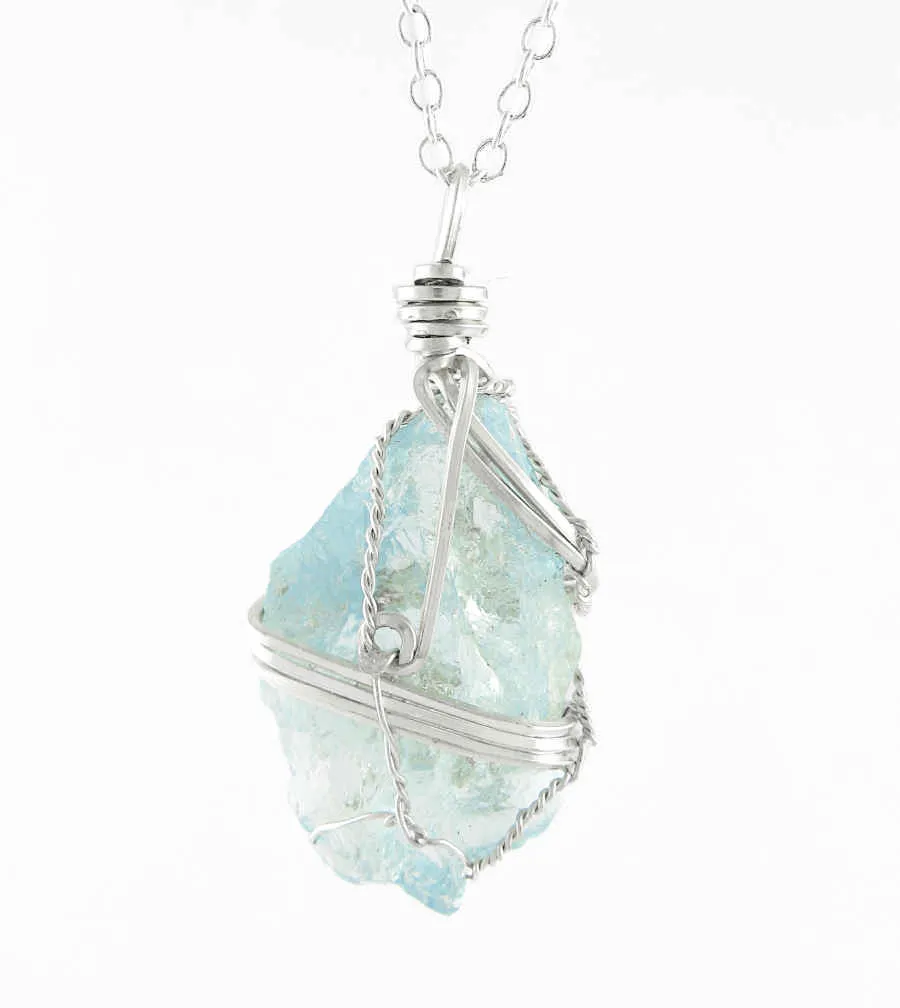 Raw Aquamarine Crystal Pendant Necklace, Silver Wire-Wrapped, Handmade