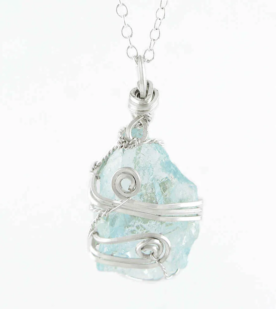 Raw Aquamarine Crystal Pendant Necklace, Silver Wire-Wrapped, Handmade