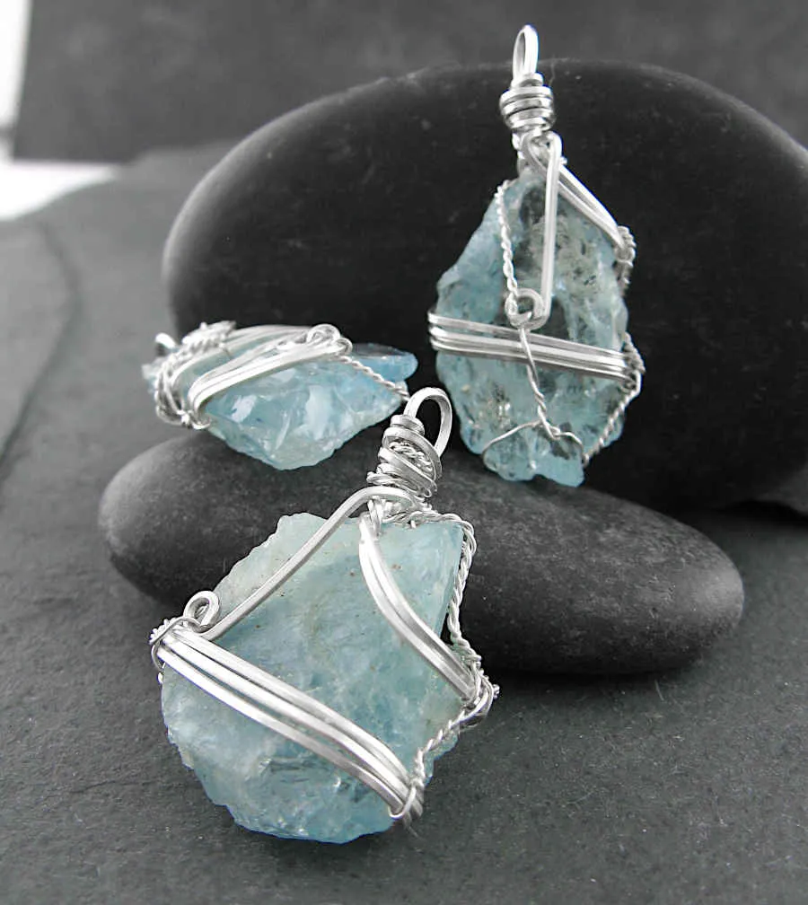 Raw Aquamarine Crystal Pendant Necklace, Silver Wire-Wrapped, Handmade