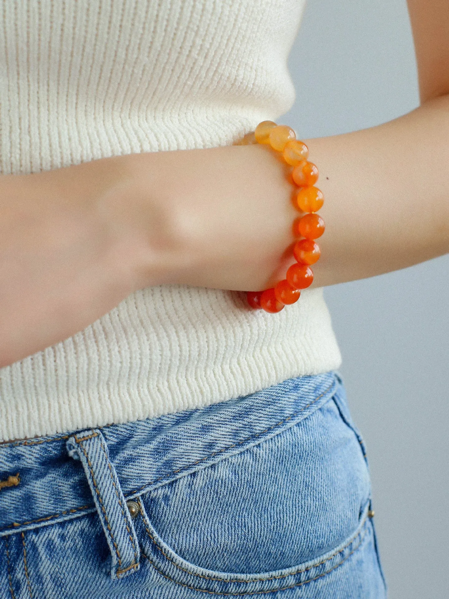 Red  Agate Gradient Silver Tube Stretch Bracelet