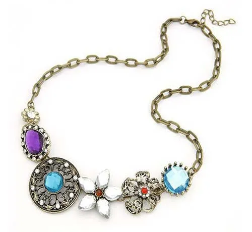 Retro Vintage New Style Gorgeous Austria Turquoise Crystal Flowers Bib Statement Necklace