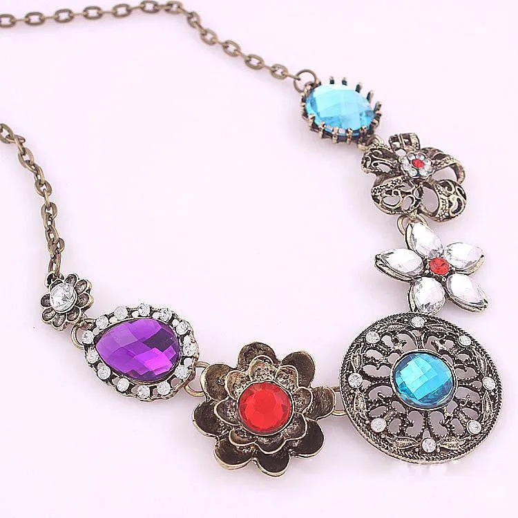 Retro Vintage New Style Gorgeous Austria Turquoise Crystal Flowers Bib Statement Necklace