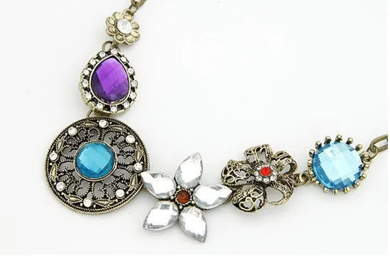 Retro Vintage New Style Gorgeous Austria Turquoise Crystal Flowers Bib Statement Necklace