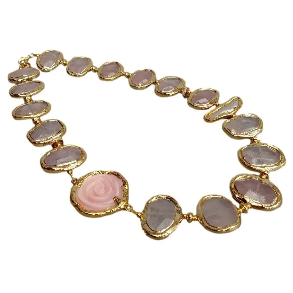 Rose Quartz & Biwa Pearl Flower Necklace