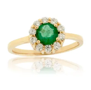 Round Green Emerald & Diamond Halo Style Yellow Gold Ring