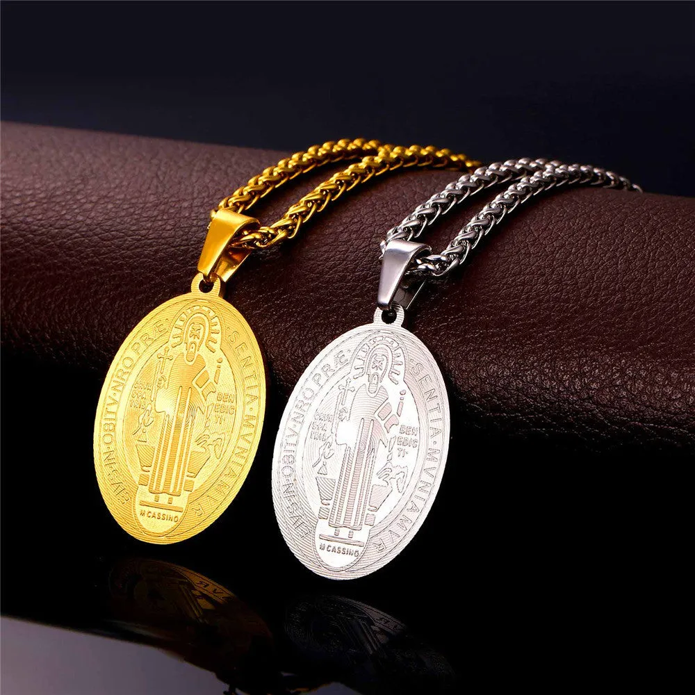 Saint Benedict Medal Pendant Necklace Charms Jewelry Gift Round Oval Stainless Steel/Gold Plated Chain Men/Women