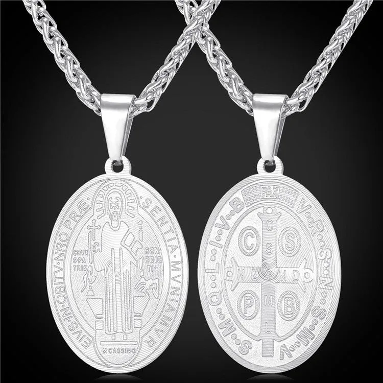 Saint Benedict Medal Pendant Necklace Charms Jewelry Gift Round Oval Stainless Steel/Gold Plated Chain Men/Women