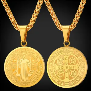 Saint Benedict Medal Pendant Necklace Charms Jewelry Gift Round Oval Stainless Steel/Gold Plated Chain Men/Women