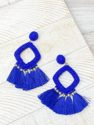 Seed Bead Fringe Dangle Earrings - Royal Blue