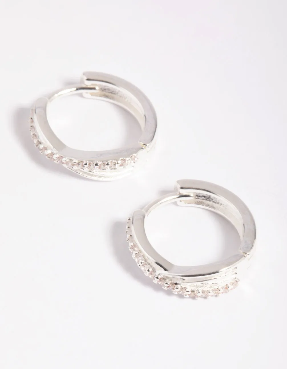 Silver Cubic Zirconia Twisted Huggie Hoop Earrings