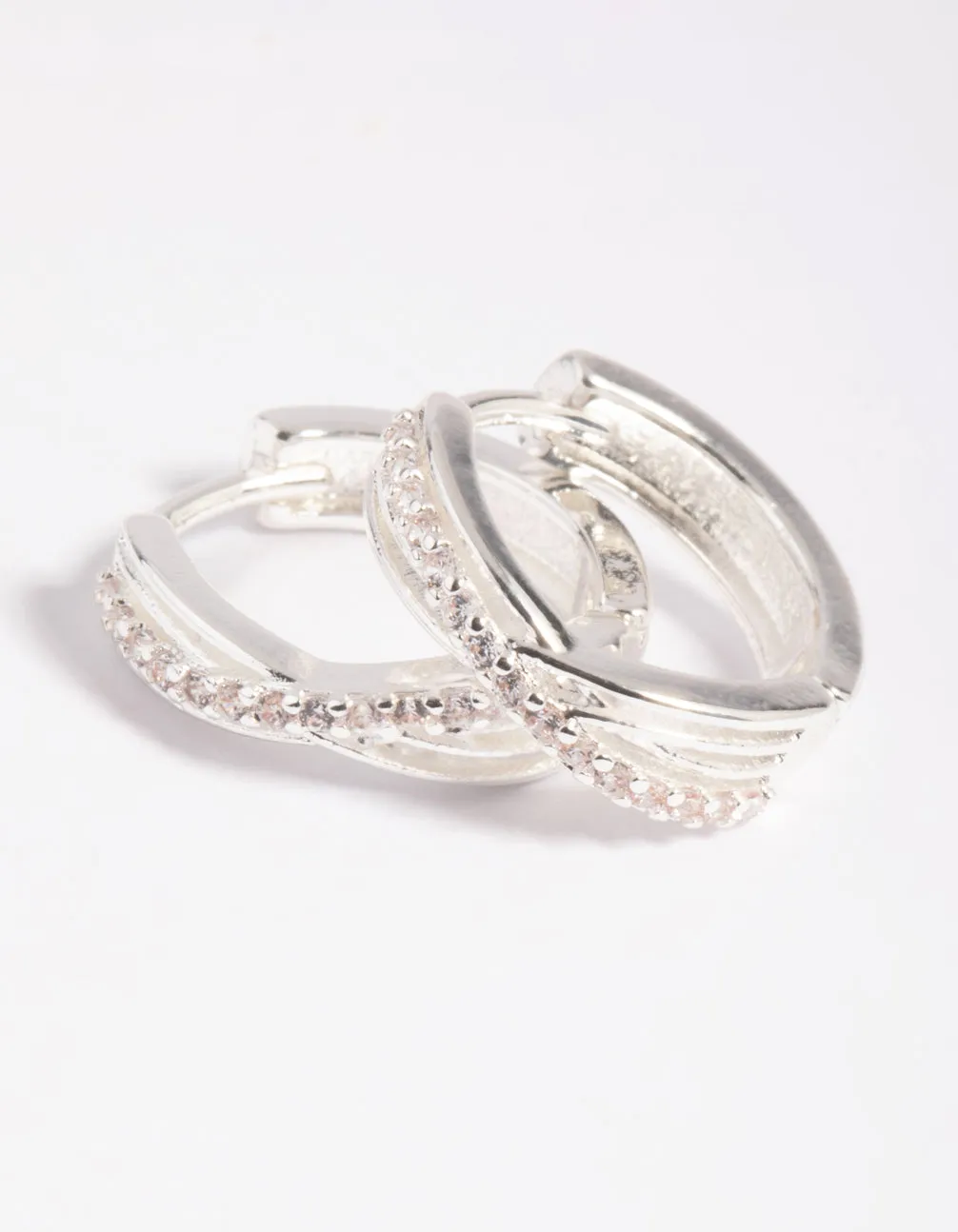 Silver Cubic Zirconia Twisted Huggie Hoop Earrings