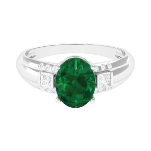 Solitaire Lab Grown Emerald Oval Engagement Ring with Diamond