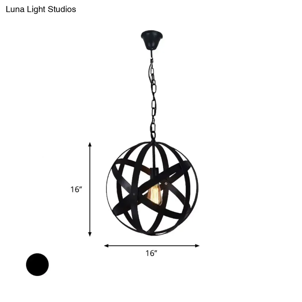 Spherical Industrial Black Metallic Pendant Lamp with Wire Guard - 1 Light Hanging Ceiling Light for Living Room