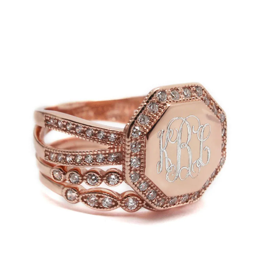 Sterling Silver CZ Rimmed Octagon Monogram Stacking Ring