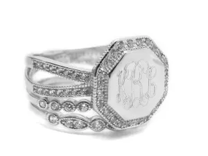 Sterling Silver CZ Rimmed Octagon Monogram Stacking Ring