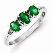 Sterling Silver w/Rhodium Emerald & Diamond Ring