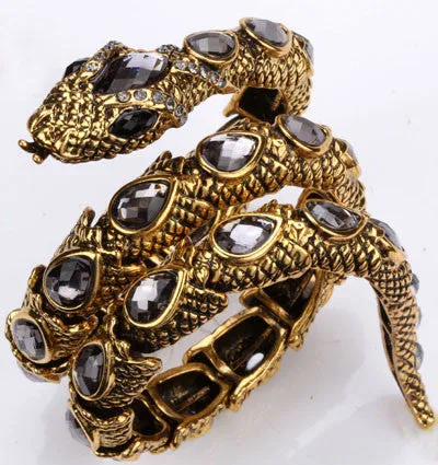 Stretch snake bracelet armlet upper arm cuff for women punk rock crystal bangle jewelry antique gold & silver plated