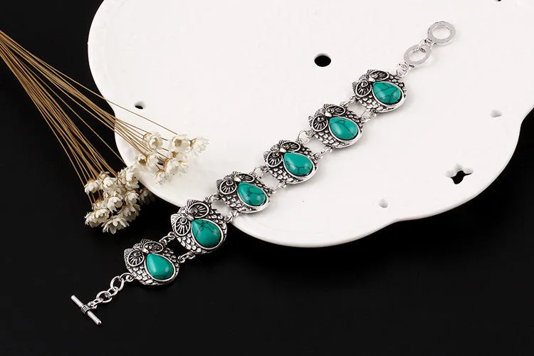 Summer Style Jewelry Sets Silver Plated Vintage Turquoise Pendant Necklace Owl Drop Earrings Charm Bracelet Fashion For women