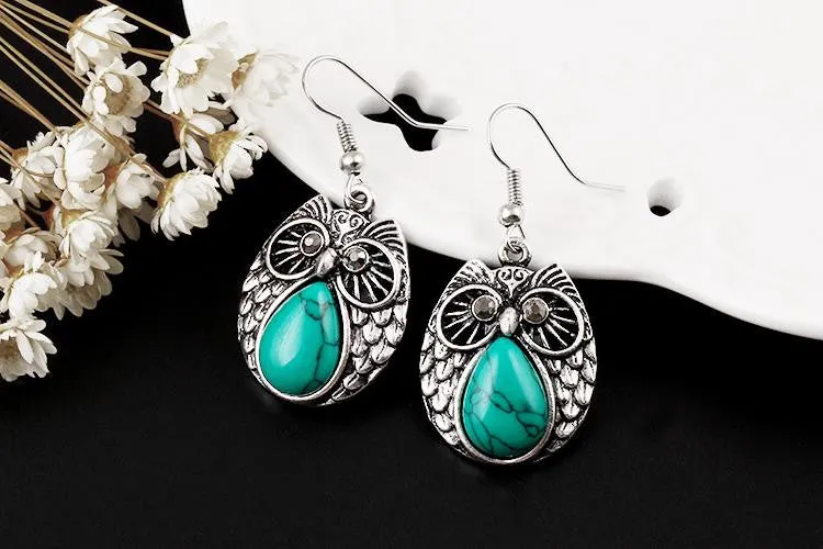 Summer Style Jewelry Sets Silver Plated Vintage Turquoise Pendant Necklace Owl Drop Earrings Charm Bracelet Fashion For women