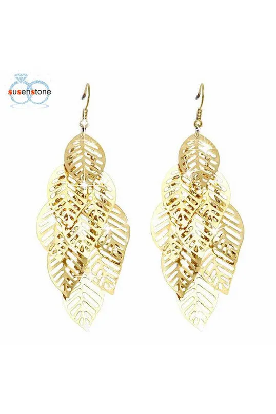 SUSENSTONE Vintage Retro Bohemian Tassel Leaf Earrings