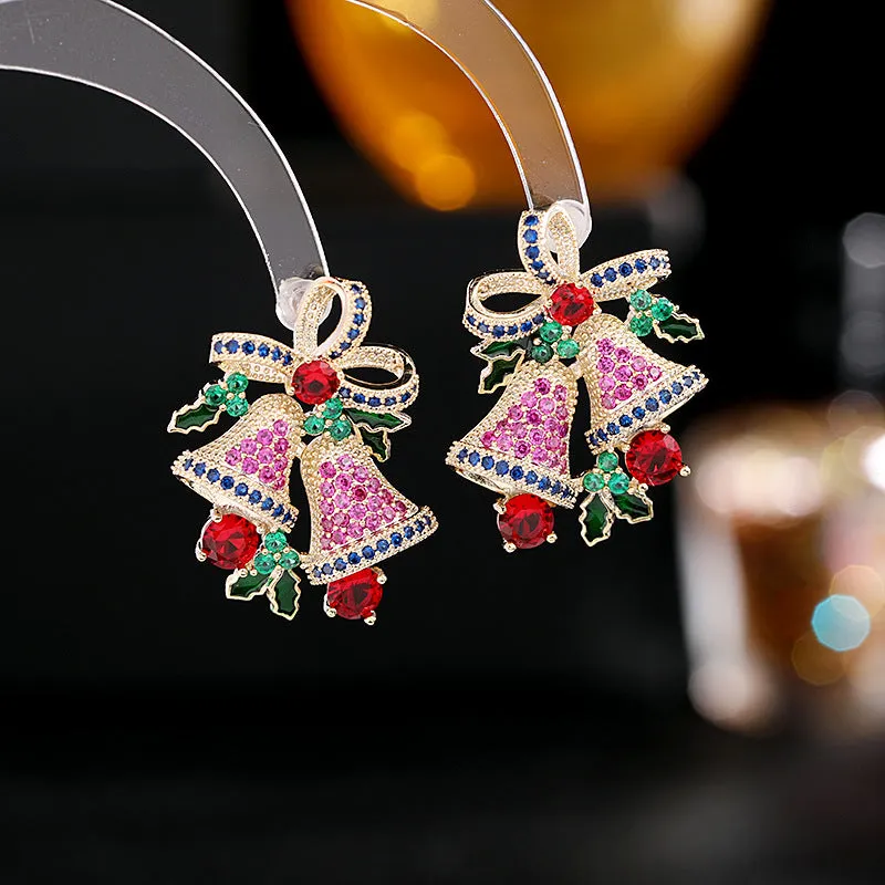 trendy ribbon bow zircon silver needle earrings Christmas gift bell earrings