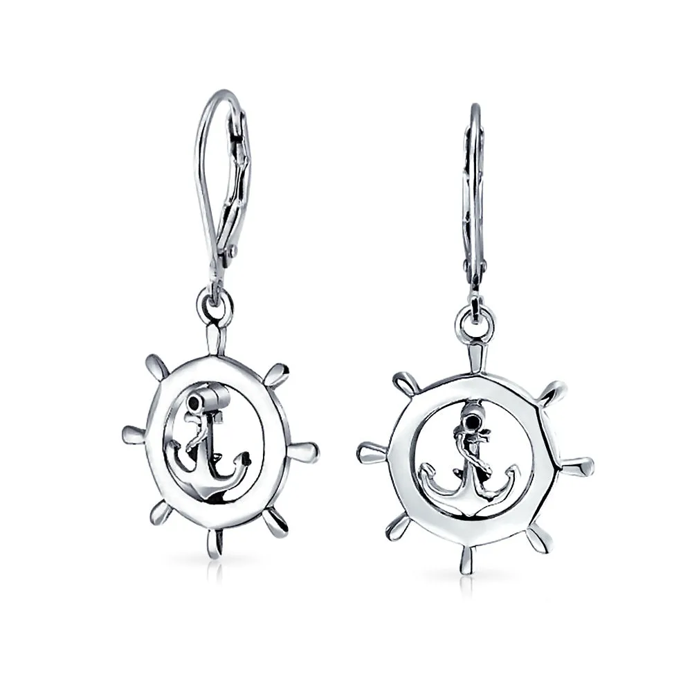 Tropical Beach Nautical Anchor Lever Back Dangle Earrings in Sterling Silver