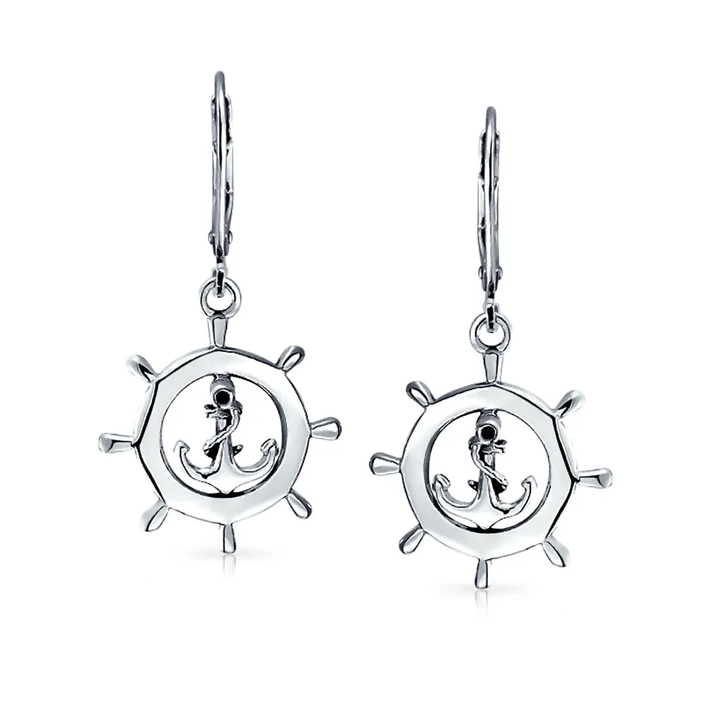 Tropical Beach Nautical Anchor Lever Back Dangle Earrings in Sterling Silver