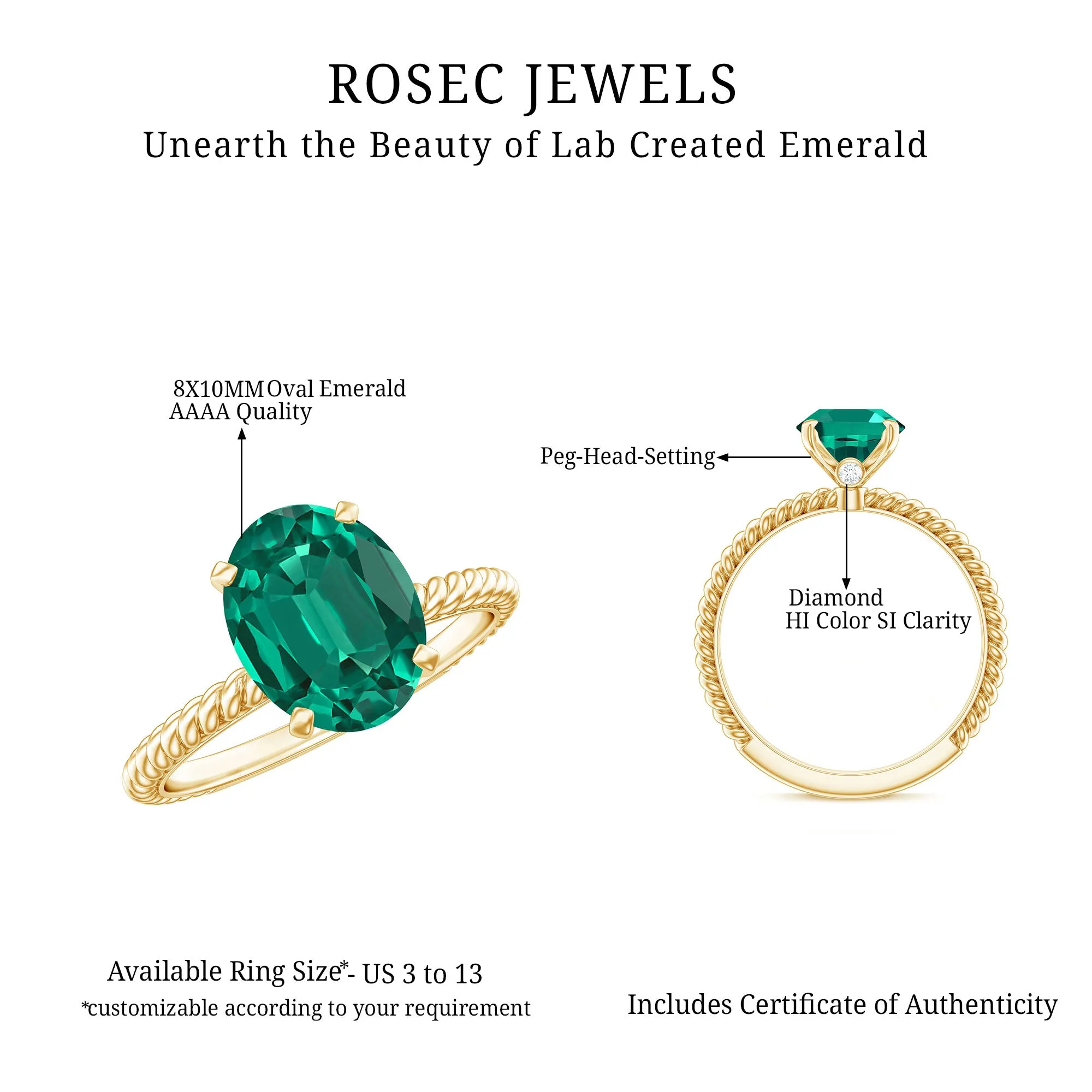 Twisted Rope Created Emerald Solitaire Ring with Surprise Diamond