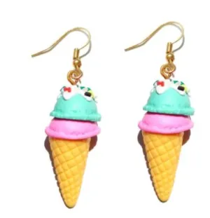 Two Scoop Ice Cream Cone Earrings | Ice Cream Dangle Drop Earrings | Fashion Spooky Ice Cream Earrings | Novelty Cone Frozen Food Earrings