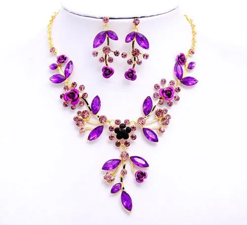 Unique design Women / girl 18k Gold Plated Jewelry Sets Crystal flowers shape Chain pendant Necklace Earrings Jewelry Sets