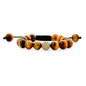 Unisex Chain Link Bracelet with Brown Tiger Eye and Crystal Beads Cord