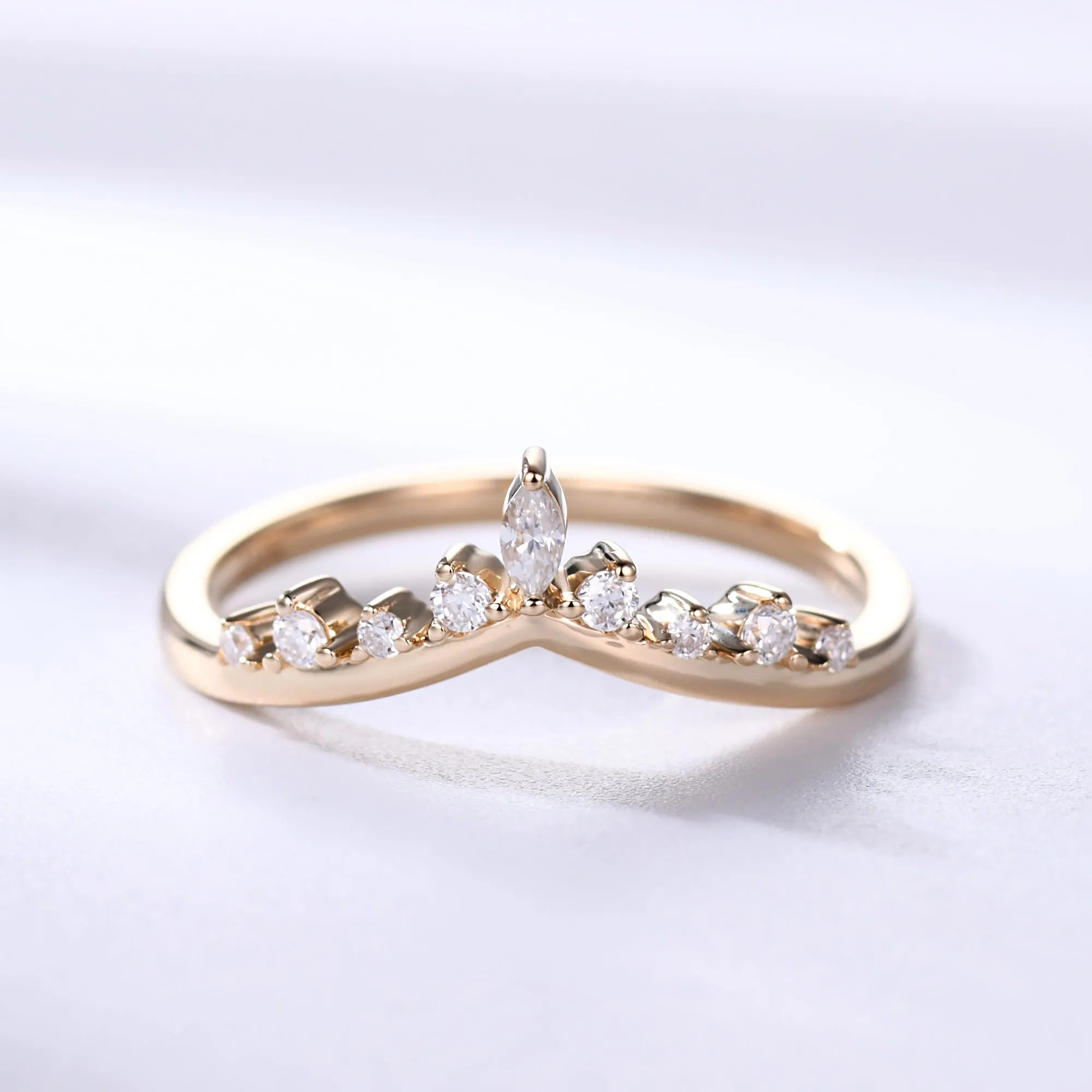 V Curve Moissanite Wedding Ring 14k Yellow Gold Chevron Matching Band for Women