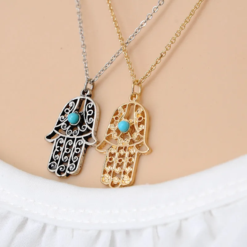 Vintage Brand Design Gold Plated Luck Hamsa Hand Pendants Necklace Luck Fatima Hand Palm Statement Necklace collares