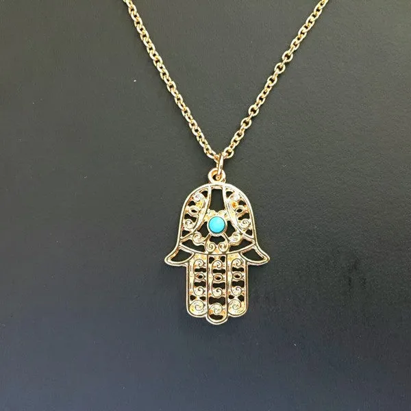 Vintage Brand Design Gold Plated Luck Hamsa Hand Pendants Necklace Luck Fatima Hand Palm Statement Necklace collares