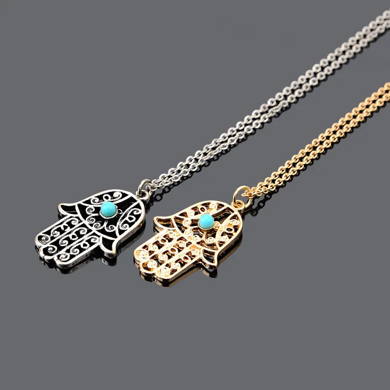 Vintage Brand Design Gold Plated Luck Hamsa Hand Pendants Necklace Luck Fatima Hand Palm Statement Necklace collares