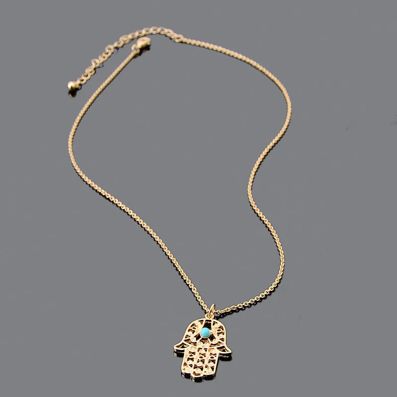 Vintage Brand Design Gold Plated Luck Hamsa Hand Pendants Necklace Luck Fatima Hand Palm Statement Necklace collares