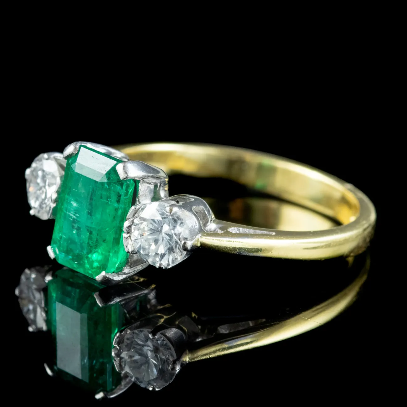 Vintage Emerald Diamond Trilogy Ring 1.5ct Emerald